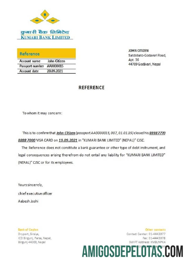 Referência de fechamento do banco Nepal Kumari exemplo real